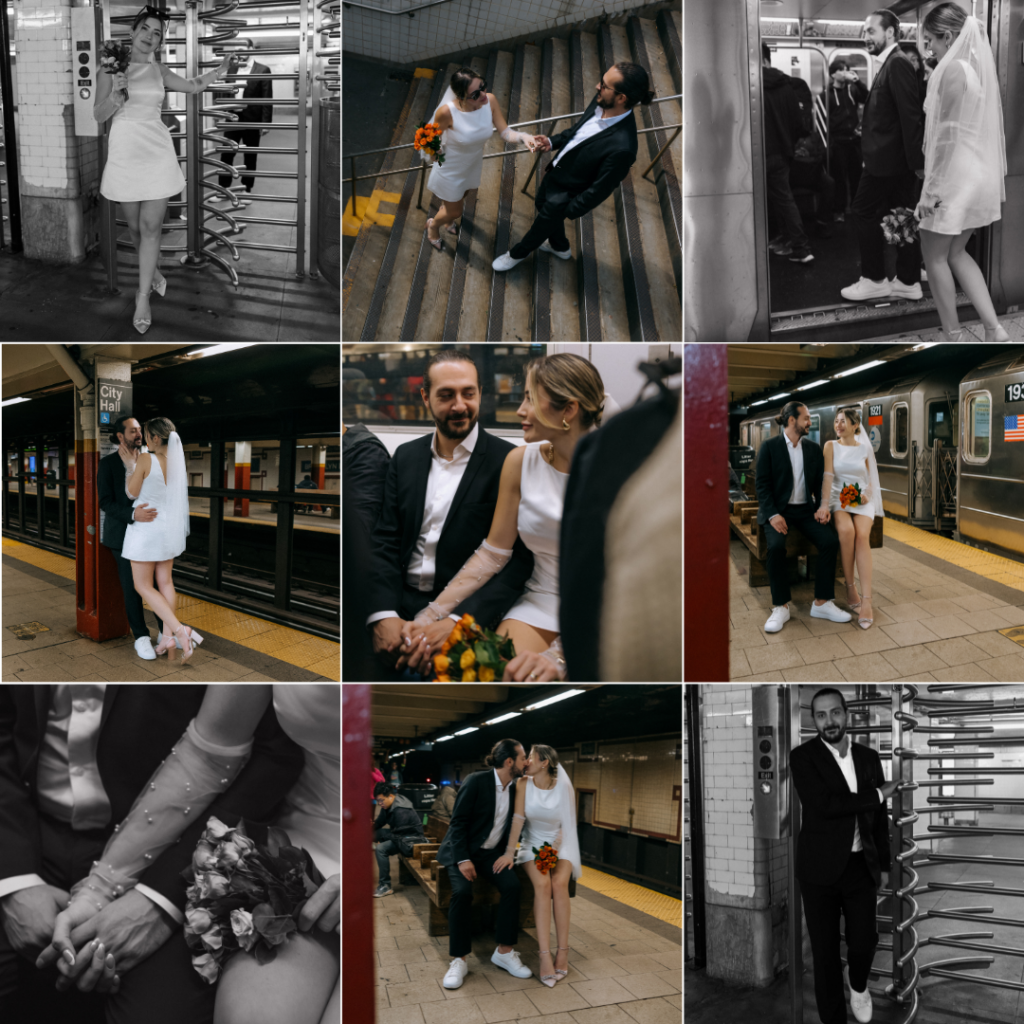 Couple heading to the subway for iconic NYC photos, capturing their adventurous spirit and love after their wedding ceremony.