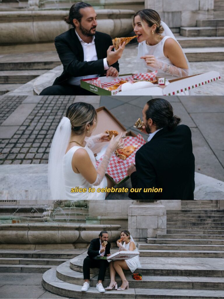 Couple enjoying pizza by the New York Public Library, celebrating their love with a fun and casual meal in NYC