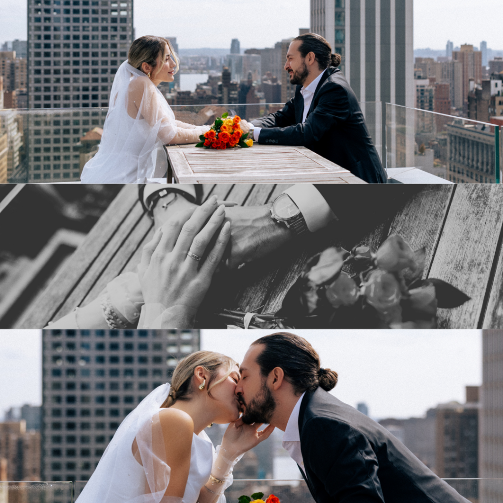 Couple sharing a quiet moment on a rooftop before their wedding ceremony, with a stunning view of the city skyline in the background