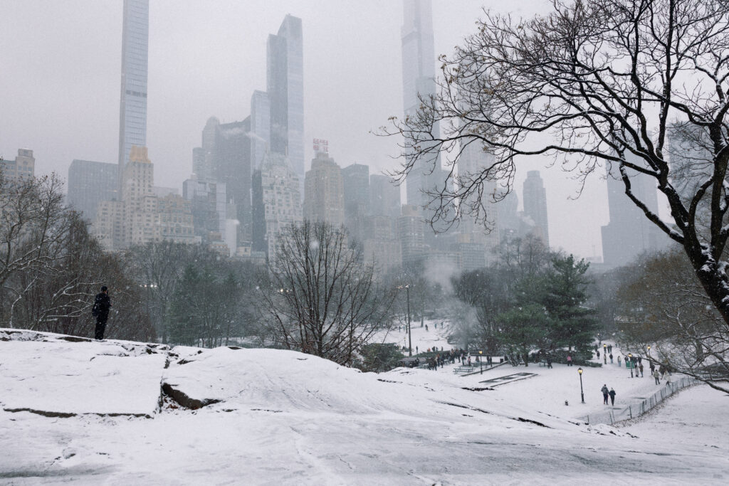 Iconic spot near Wollman Rink in Central Park with a skyline view of Billionaires' Row, covered in snow—ideal for a romantic proposal