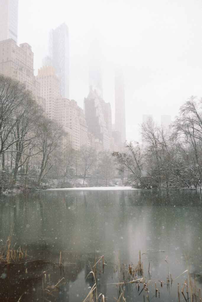 Snow-covered Central Park with a frozen pond, city skyline, and serene winter atmosphere