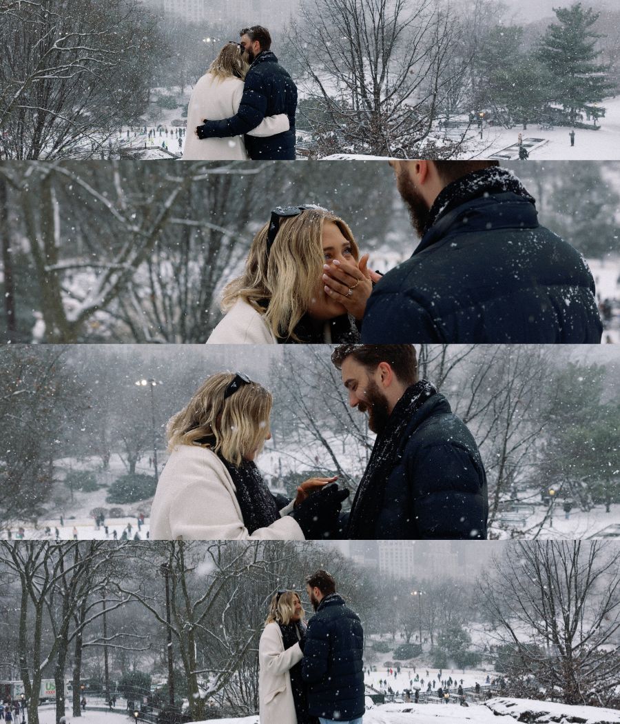 Romantic cinematic image of a surprise proposal in winter, with snow gently falling, capturing the emotional moment as the couple embraces against a serene, snowy backdrop