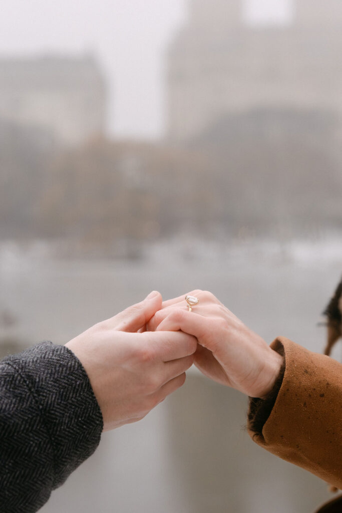 close up of hands during a surprise proposal in foggy central park in winter