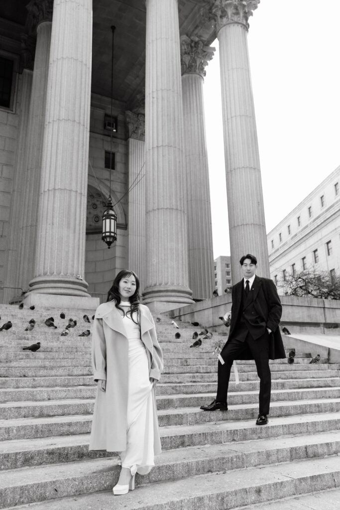 Editorial wedding portrait on the steps of NYC City Hall