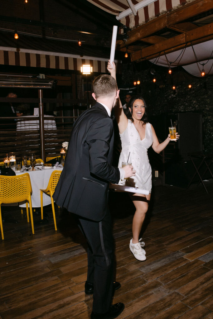 Bride and groom dancing together during the late-night celebration at their wedding reception in SoHo, New York City.