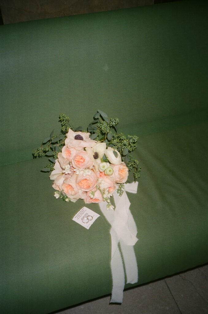 Wedding bouquet flat lay photographed on film