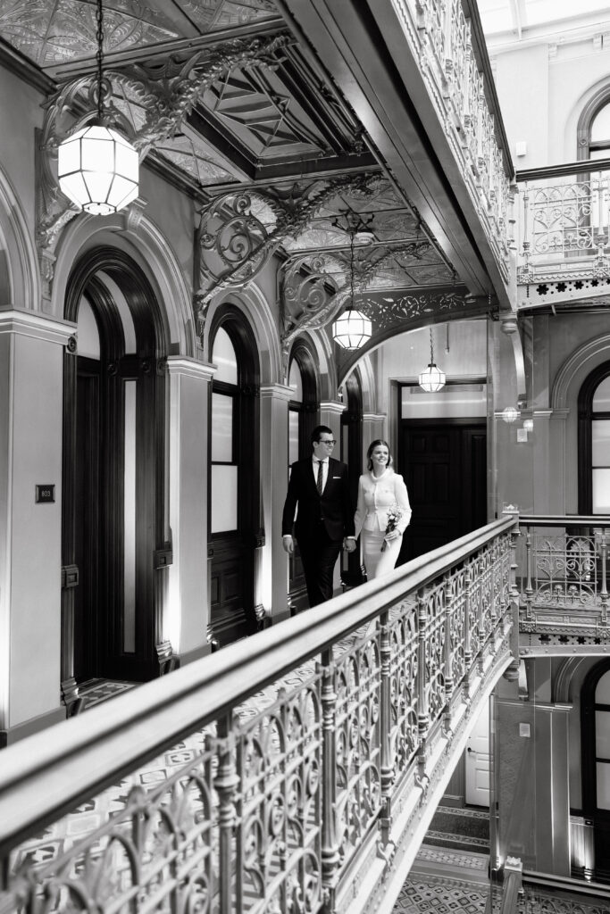 black and white couple photo beekman hotel nyc balcony city hall elopement